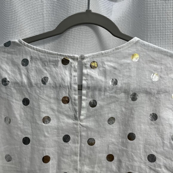 For Cynthia 100% Linen White Cropped Boxy Top Silver & Gold Polka Dot Medium - Picture 5 of 9